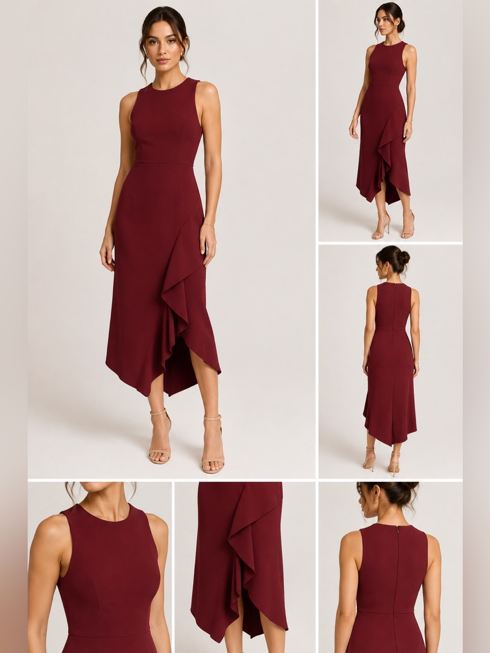 NWT 5à7 Cinq à Sept Burgundy Asymmetrical Ruffle Midi Cocktail Dress Size 2